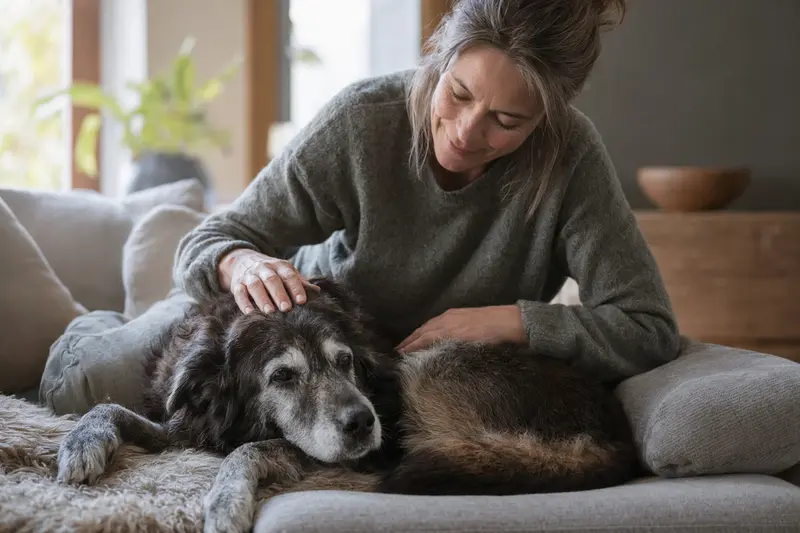 Ein älterer Matin Hund entspannt auf einem Sofa, während sein Besitzer ihn liebevoll streichelt