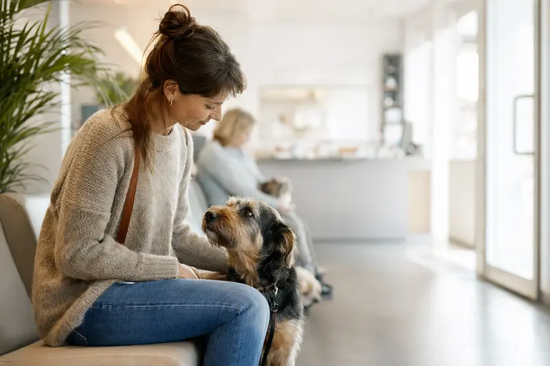 Ein ruhiger Matin Hund sitzt neben seinem Besitzer im hellen Wartezimmer einer modernen Tierarztpraxis.