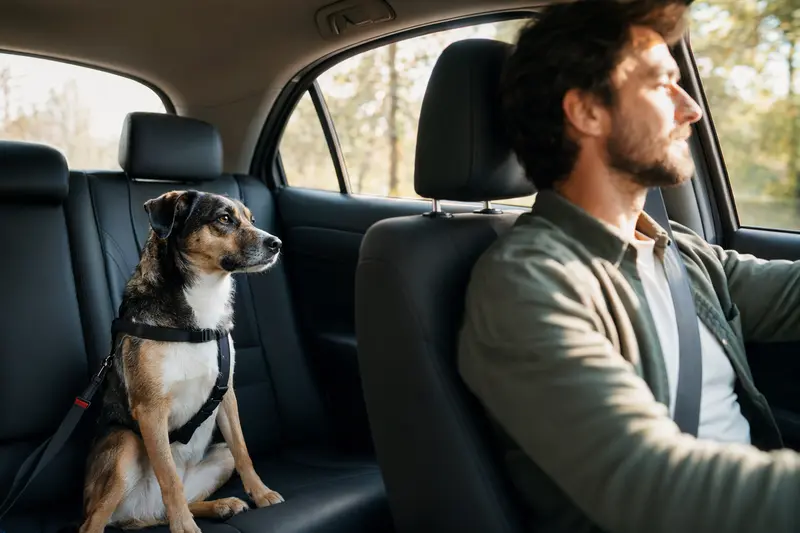 Ein sicher angeschnallter Hund sitzt auf der Rückbank eines Autos, während der Besitzer ruhig fährt und Sonnenlicht durch das Fenster fällt.