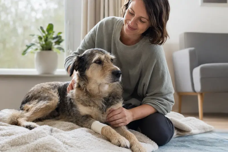 Ein Martin-Hund mit leicht verbundenem Pfötchen liegt ruhig auf einer Decke neben seinem erleichterten Besitzer in heller Wohnung.