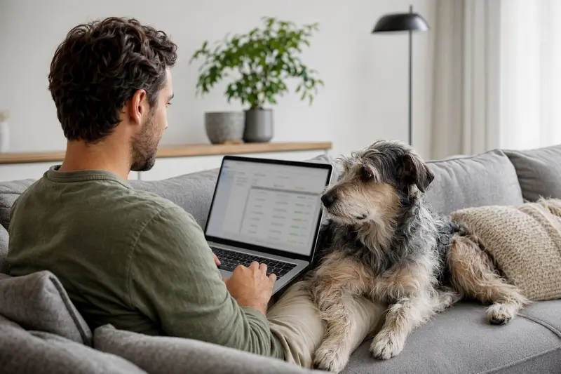 Ein Hundebesitzer arbeitet mit Laptop auf dem Sofa, während ein Matin Hund neben ihm sitzt.