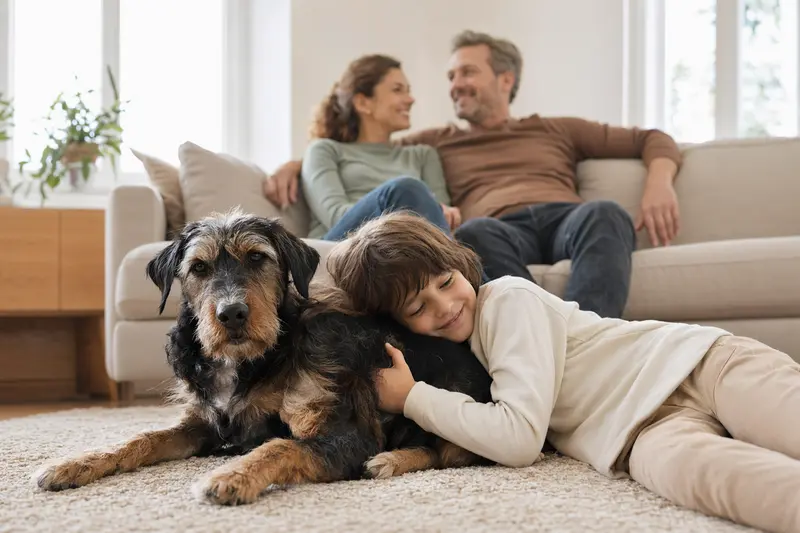 Ein freundlicher Mayorquais Hund liegt entspannt neben einem Kind im Wohnzimmer, während die Eltern im Hintergrund eine sichere Familienatmosphäre schaffen.