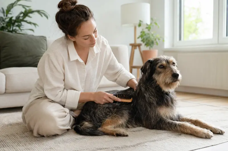 Ein Mayorquais Hund wird in einer hellen Wohnung liebevoll gebürstet und gepflegt.