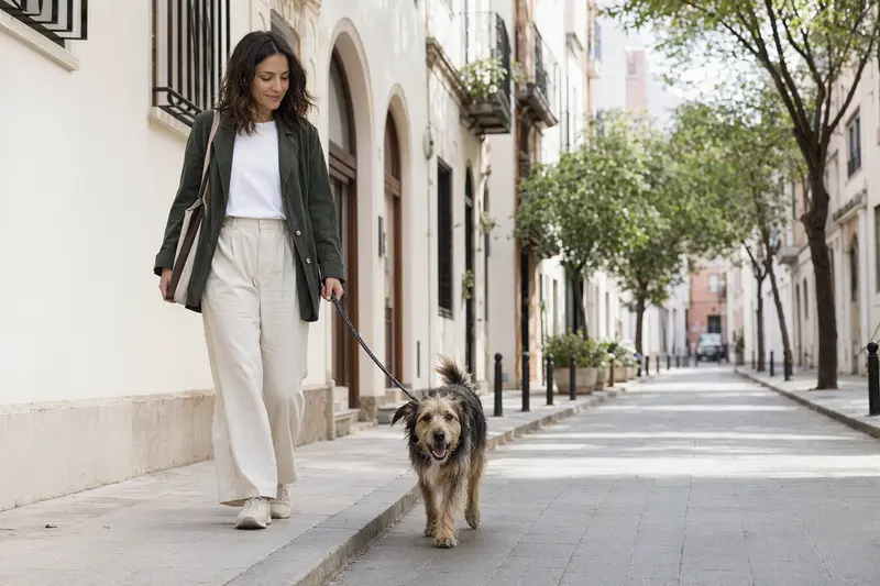 Ein Maiorquais Hund läuft entspannt an der Leine mit seinem Besitzer durch eine moderne Stadtstraße.