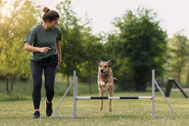 Ein Majorquais Hund springt mit seinem Besitzer über eine kleine Trainingshürde auf dem Hundeplatz in sonniger Stimmung.