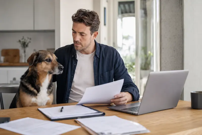 Ein Mayorquais Hund sitzt entspannt neben seinem Besitzer am Küchentisch mit Versicherungsunterlagen und einem Laptop.