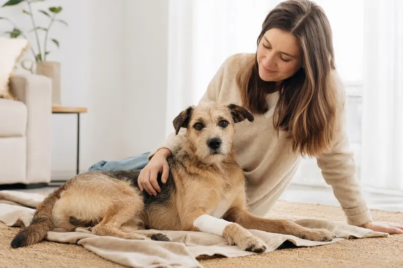 Ein Mayorquais Hund mit Verband an der Pfote entspannt auf einer Decke, während sein erleichterter Besitzer daneben sitzt.