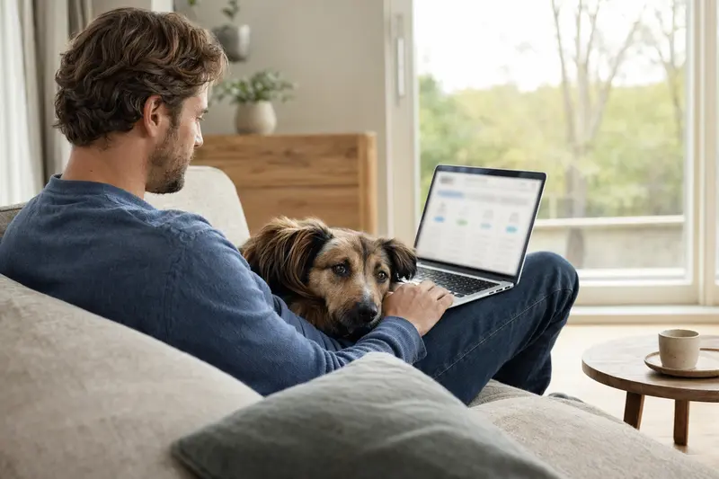 Ein Hundebesitzer sitzt mit seinem Mayorquais Hund auf dem Sofa und vergleicht Versicherungen auf dem Laptop.