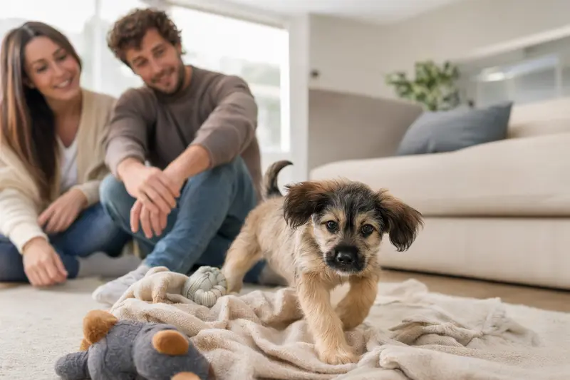 Ein junger Mayorquais Welpe erkundet neugierig sein neues Zuhause mit weicher Decke und Spielzeug, während seine liebevolle Familie im Hintergrund zu sehen ist.