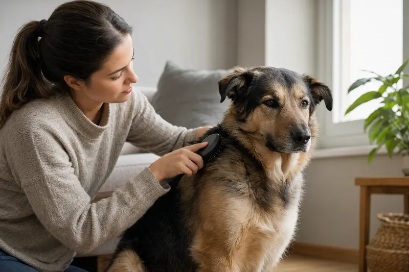 Ein Mazedonischer Hirtenhund wird in einer hellen Wohnung liebevoll gebürstet, während sein Besitzer sich um die Fellpflege kümmert.