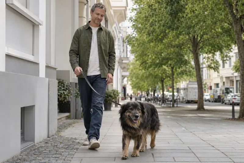 Ein Mazedonischer Hirtenhund läuft an der Leine mit seinem Besitzer durch eine moderne Stadtstraße.