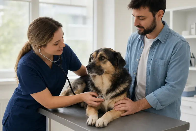 Ein Mazedonischer Hirtenhund wird von einer Tierärztin in einer modernen Praxis untersucht.