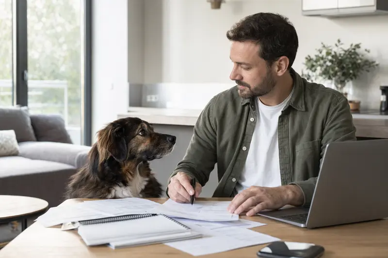 Ein Mazedonischer Hirtenhund sitzt ruhig neben seinem Besitzer am Küchentisch mit Versicherungsunterlagen.