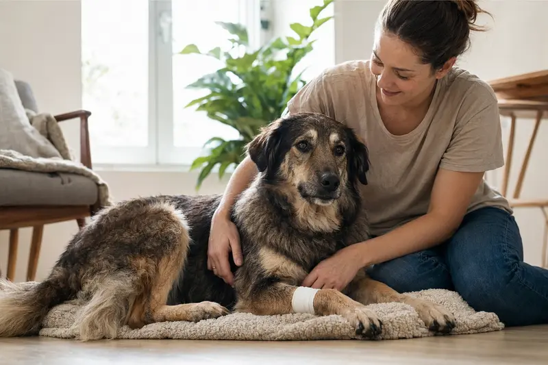 Ein mazedonischer Hirtenhund mit leichtem Verband an der Pfote liegt ruhig auf einer Decke, während sein Besitzer erleichtert neben ihm sitzt.