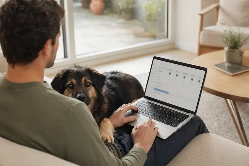 Ein Hundebesitzer arbeitet am Laptop auf dem Sofa, während ein Mazedonischer Hirtenhund neben ihm sitzt und eine Versicherungsvergleichsoberfläche auf dem Bildschirm angezeigt wird.
