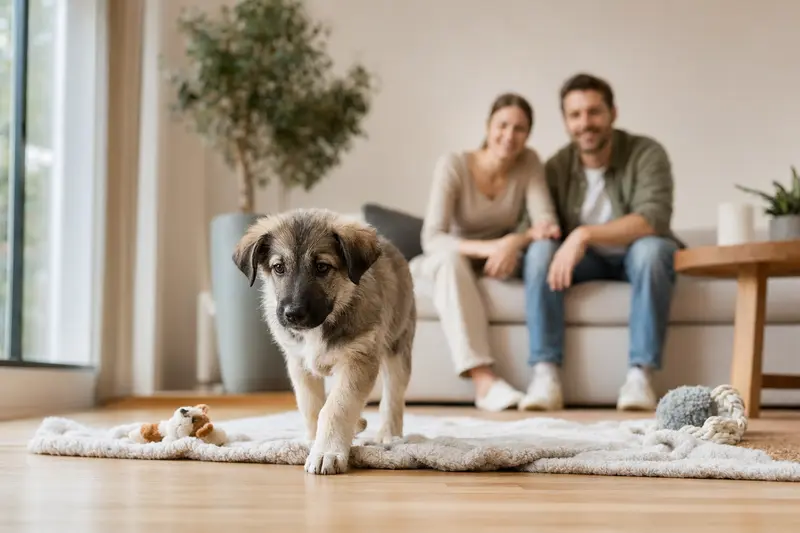 Ein junger Mazedonischer Hirtenhund Welpe erkundet neugierig sein neues Zuhause auf einer weichen Decke, während eine liebevolle Familie im Hintergrund zu sehen ist.