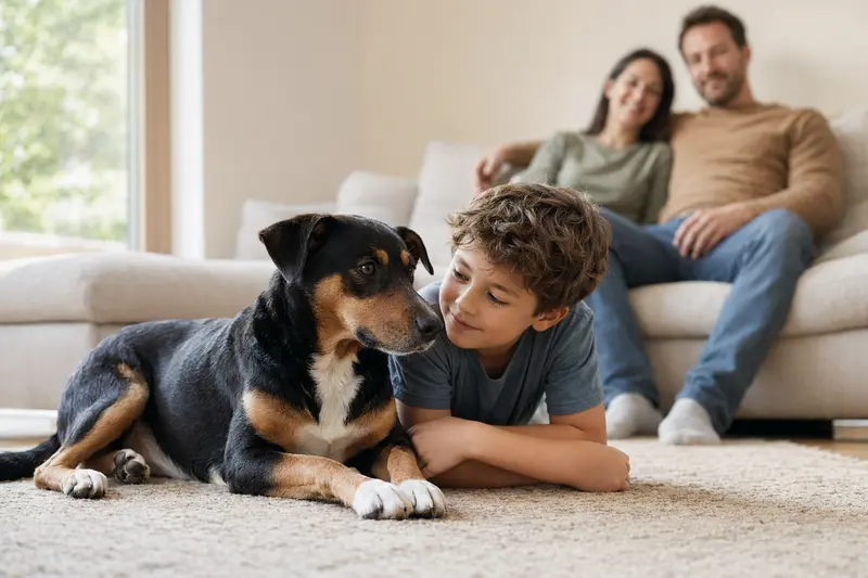 Ein entspannter McNab Hund liegt im Wohnzimmer neben einem Kind in einer sicheren Familienatmosphäre.