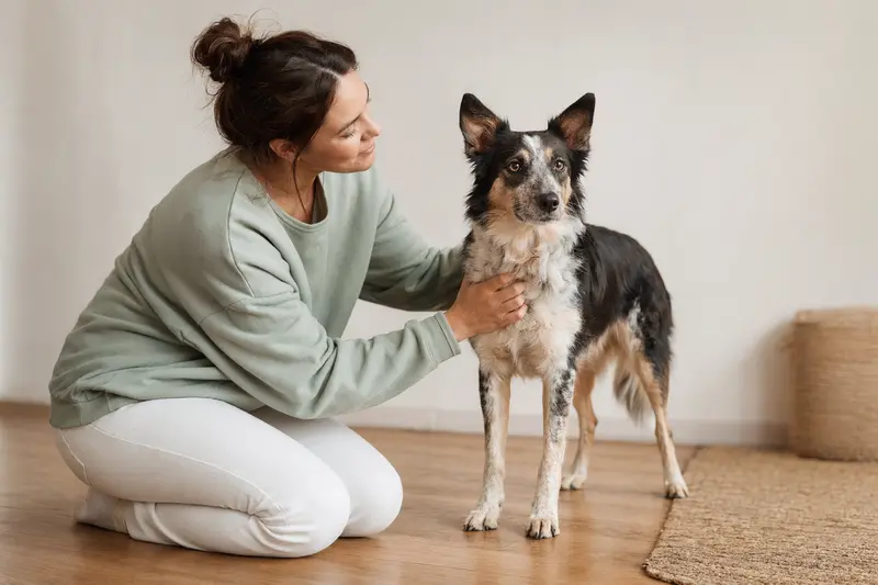 Ein aufmerksamer McNab Hund steht in natürlicher Haltung vor hellem Hintergrund und zeigt die typische Körperform der Rasse.
