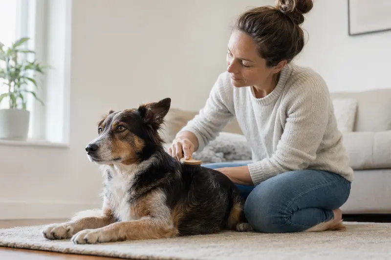 Ein McNab Hund wird in einer hellen Wohnung liebevoll gebürstet, während sich sein Besitzer aufmerksam um die Fellpflege kümmert.