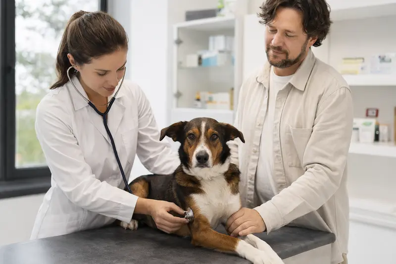 Ein McNab Hund wird freundlich von einer Tierärztin in einer modernen Praxis untersucht.
