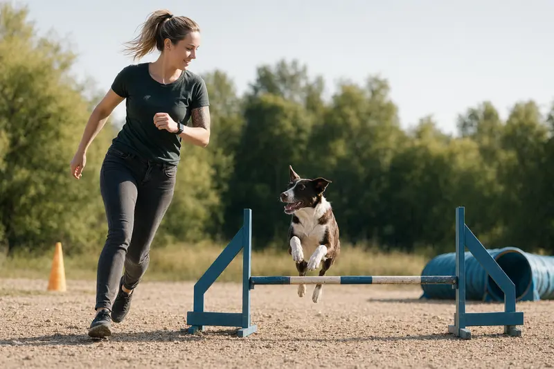 Ein aktiver McNab Hund springt mit seinem Besitzer über eine kleine Trainingshürde auf dem Hundeplatz.