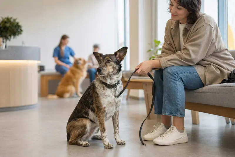 Ein McNab Hund sitzt ruhig neben seinem Besitzer im hellen Wartezimmer einer modernen Tierarztpraxis.