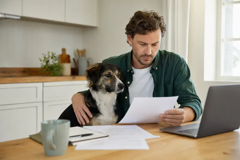 Ein McNab Hund sitzt ruhig neben seinem Besitzer am Küchentisch, umgeben von Versicherungsunterlagen und einem Laptop mit Vergleichsseite.