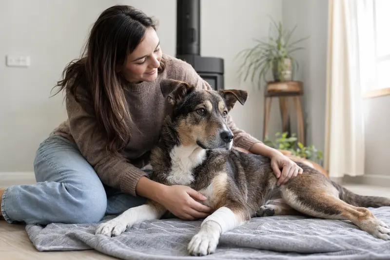 Ein McNab Hund mit leichtem Verband an der Pfote entspannt neben seinem Besitzer auf einer Decke in einer hellen Wohnung.