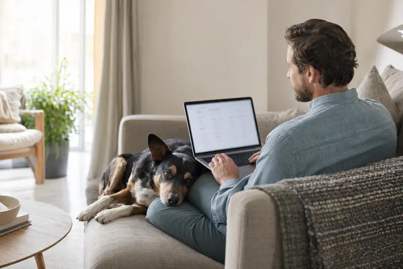 Ein Hundebesitzer arbeitet am Laptop auf dem Sofa, während ein McNab Hund neben ihm sitzt, was für Sicherheit und einfache Entscheidungen bei Versicherungen steht.