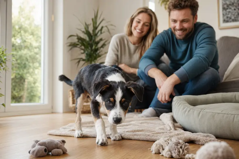 Ein junger McNab Welpe erkundet neugierig sein neues Zuhause mit Spielzeug und einer liebevollen Familie im Hintergrund.