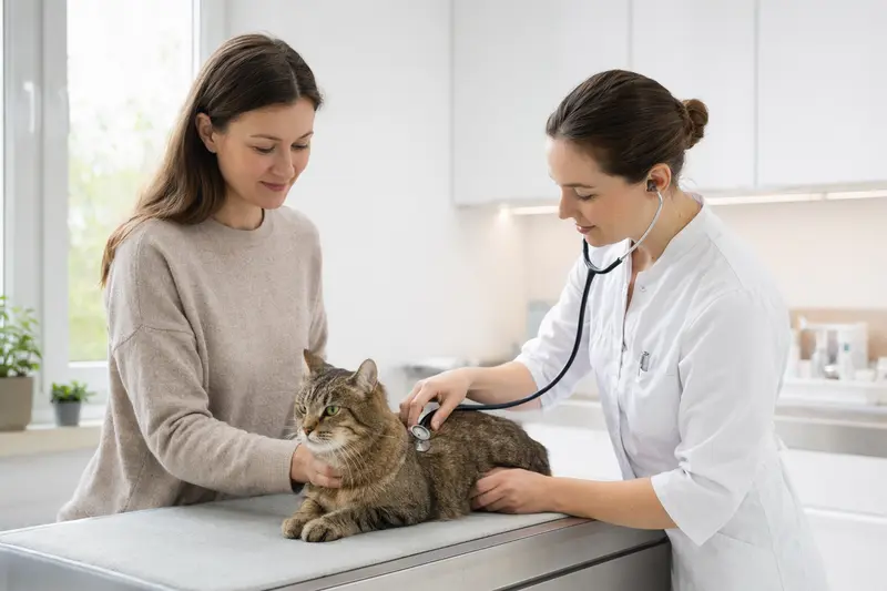 Eine Mekong-Bobtail Katze wird behutsam von einer Tierärztin mit Stethoskop in einer modernen Praxis untersucht, während der Besitzer beruhigend danebensteht.