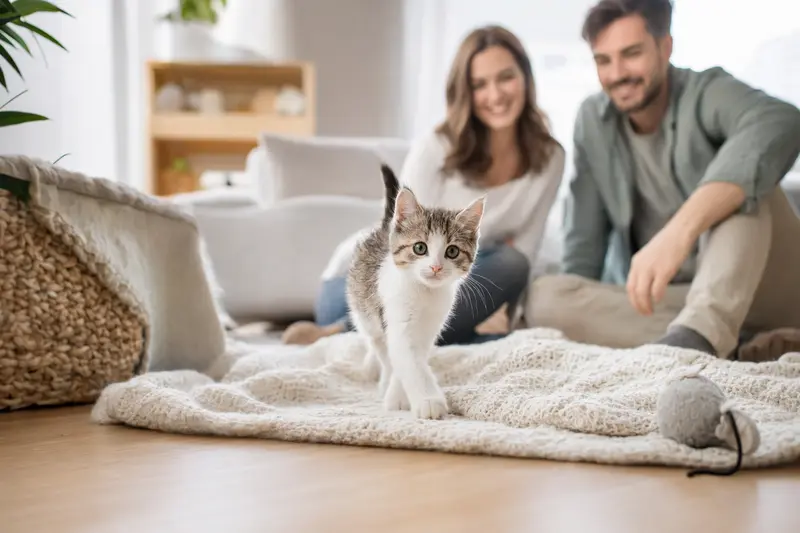 Ein neugieriges Menuett Katzen Kitten erkundet sein neues Zuhause mit einer weichen Decke und Spielzeug im Hintergrund.