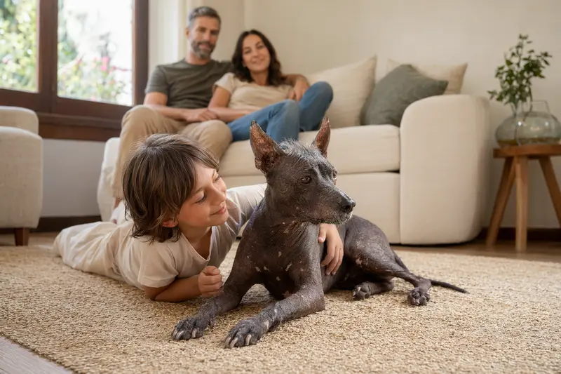 Ein Mexikanischer Nackthund liegt entspannt neben einem Kind im Wohnzimmer, während die Eltern im Hintergrund eine helle und sichere Familienatmosphäre schaffen.