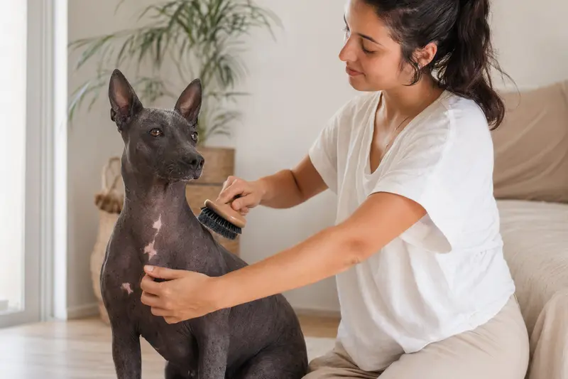 Ein Mexikanischer Nackthund wird in einer hellen Wohnung liebevoll gebürstet, während sein Besitzer die Fellpflege ruhig und fürsorglich übernimmt.