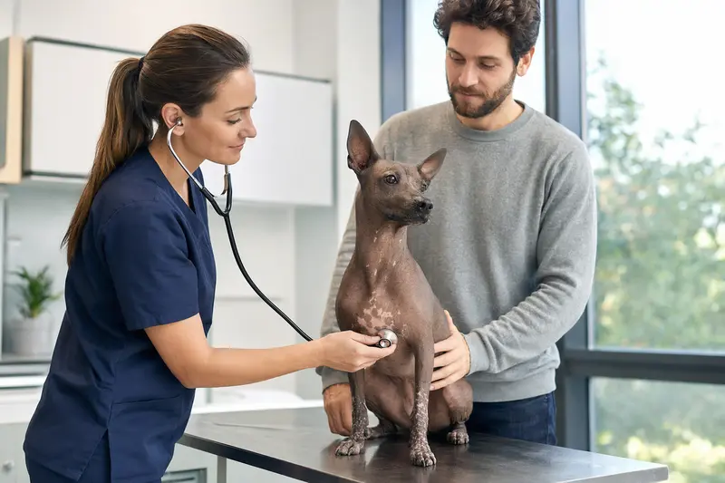 Ein ruhiger Mexikanischer Nackthund wird sanft von einer freundlichen Tierärztin in einer modernen Tierarztpraxis mit einem Stethoskop untersucht.