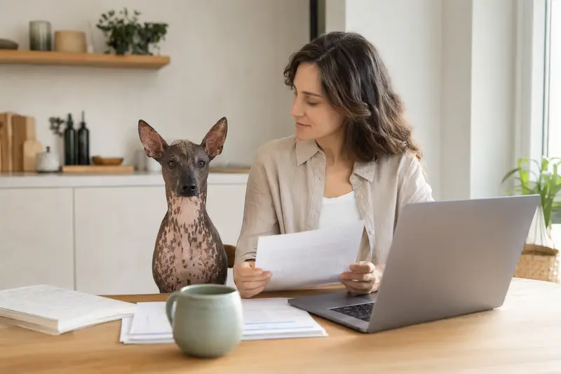 Ein Mexikanischer Nackthund sitzt ruhig neben seinem Besitzer am Küchentisch mit Versicherungsunterlagen und einem Laptop auf einer neutralen Vergleichsseite.