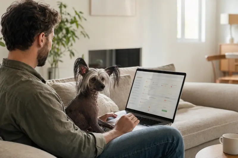 Ein Hundebesitzer arbeitet mit einem Laptop auf dem Sofa, während sein Mexikanischer Nackthund neben ihm sitzt und eine neutrale Versicherungsvergleichs-Oberfläche zeigt.