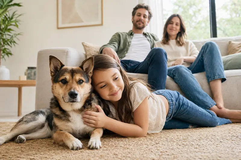 Ein freundlicher Mikawa Inu liegt entspannt neben einem Kind im Wohnzimmer, während die Eltern im Hintergrund eine sichere Familienatmosphäre schaffen.