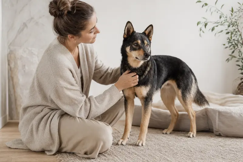 Ein aufmerksamer Mikawa Inu Hund steht vor hellem Hintergrund in natürlicher Haltung, mit typischer Fellstruktur und klaren Details.
