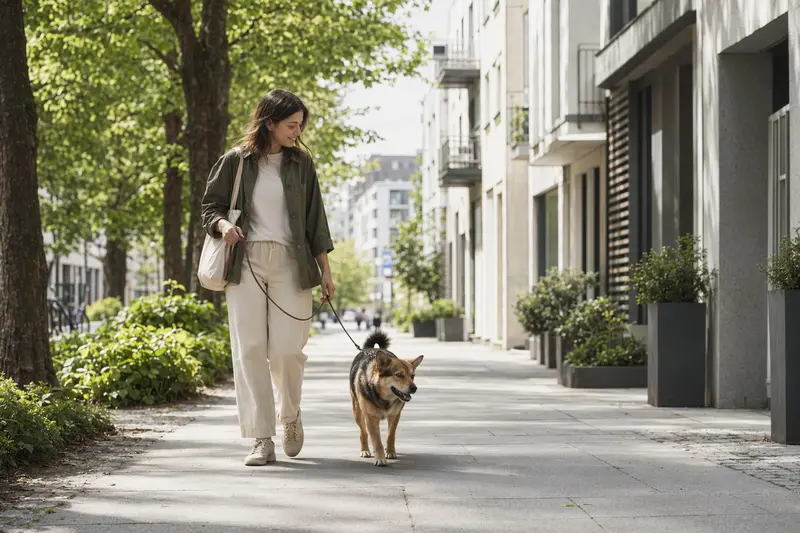 Ein Mikawa Inu läuft an der Leine mit seinem Besitzer durch eine moderne Stadtstraße.