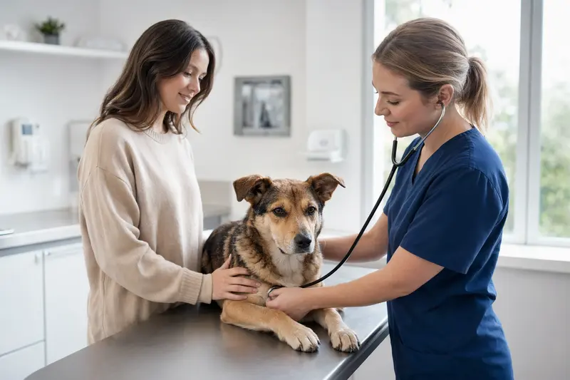 Ein entspannter Mikawa Inu Hund wird von einer freundlichen Tierärztin auf einem modernen Untersuchungstisch untersucht.