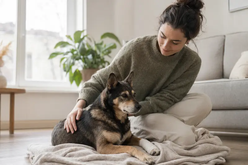 Ein Mikawa Inu mit leicht verbundenem Vorderlauf liegt ruhig auf einer Decke, während sein Besitzer erleichtert neben ihm sitzt.