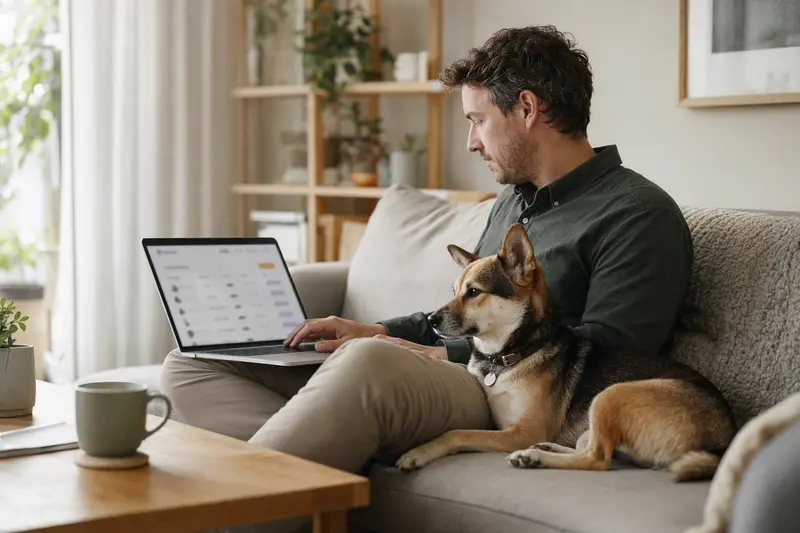 Ein Hundebesitzer arbeitet mit seinem Laptop auf dem Sofa, während ein Mikawa Inu Hund daneben sitzt.