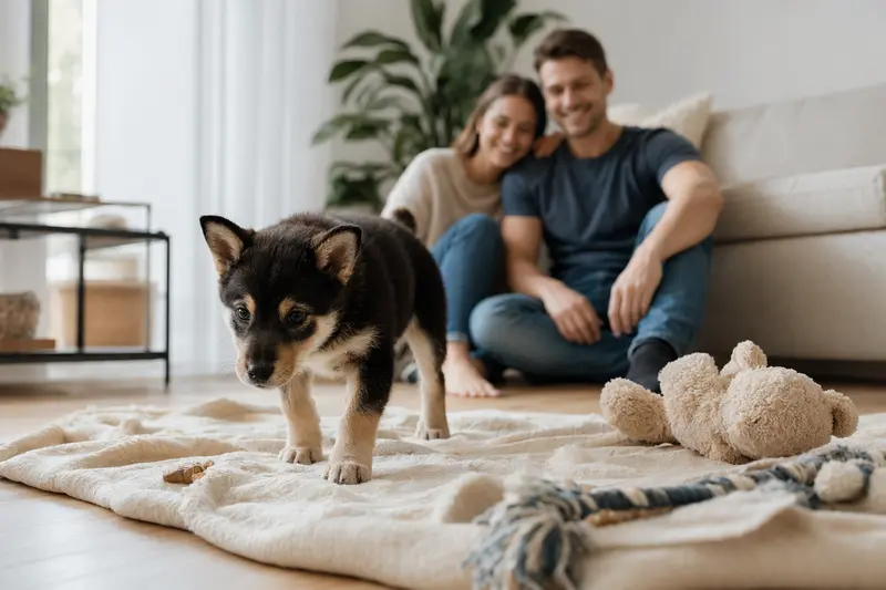 Ein neugieriger Mikawa Inu Welpe erkundet sein neues Zuhause mit einer weichen Decke und Spielzeug, während seine liebevolle Familie im Hintergrund ist.