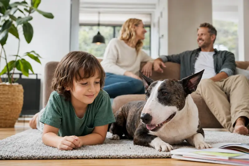 Ein freundlicher Mini-Bullterrier liegt entspannt neben einem Kind im Wohnzimmer, während die Eltern im Hintergrund eine sichere Familienatmosphäre schaffen.