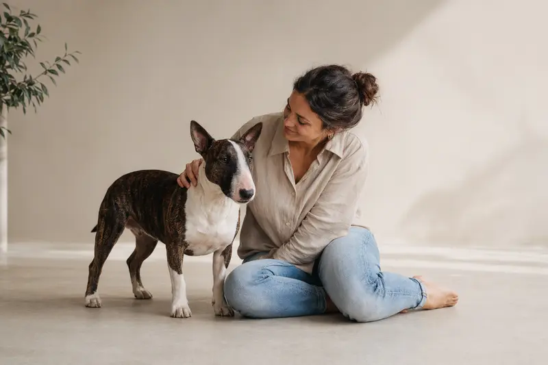 Ein aufmerksamer Mini-Bullterrier steht in natürlicher Haltung vor hellem Hintergrund im professionellen Tierporträt.