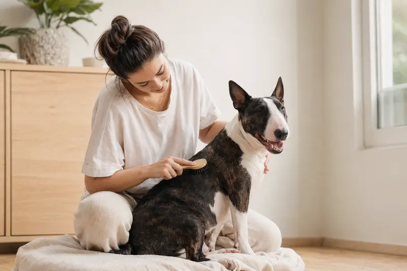 Ein Mini-Bullterrier wird in einer hellen Wohnung sanft gebürstet, während sich der Besitzer liebevoll um die Fellpflege kümmert.