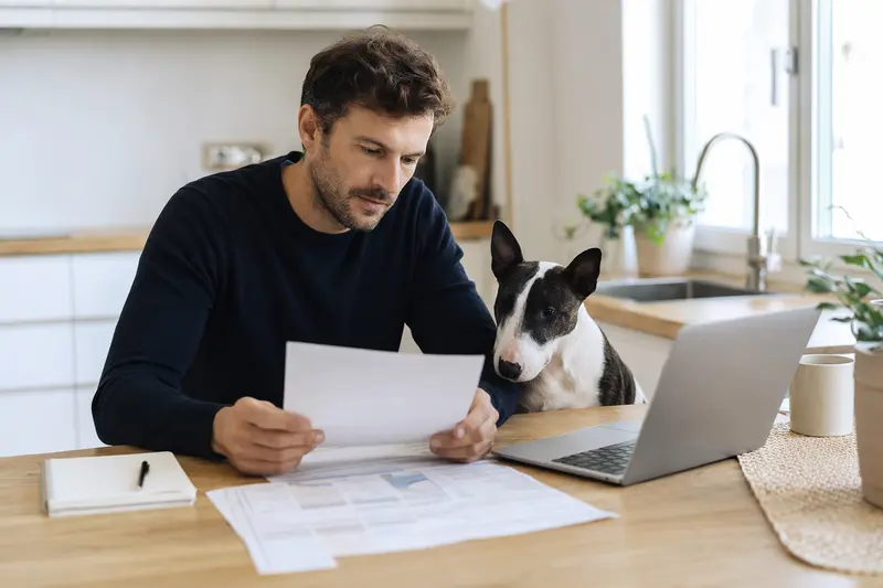 Ein entspannter Mini-Bullterrier sitzt neben seinem Besitzer am Küchentisch mit Versicherungsunterlagen und einem Laptop.