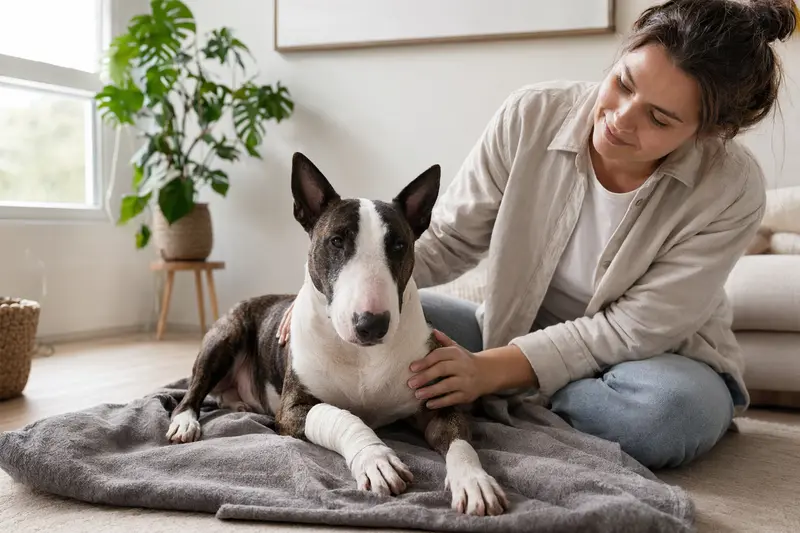 Ein Mini-Bullterrier mit leichtem Verband an der Pfote liegt entspannt auf einer Decke, während sein Besitzer beruhigt neben ihm sitzt.