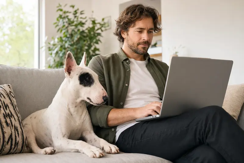 Ein Hundebesitzer sitzt entspannt auf dem Sofa mit einem Mini-Bullterrier und vergleicht online Tierkrankenversicherungen.